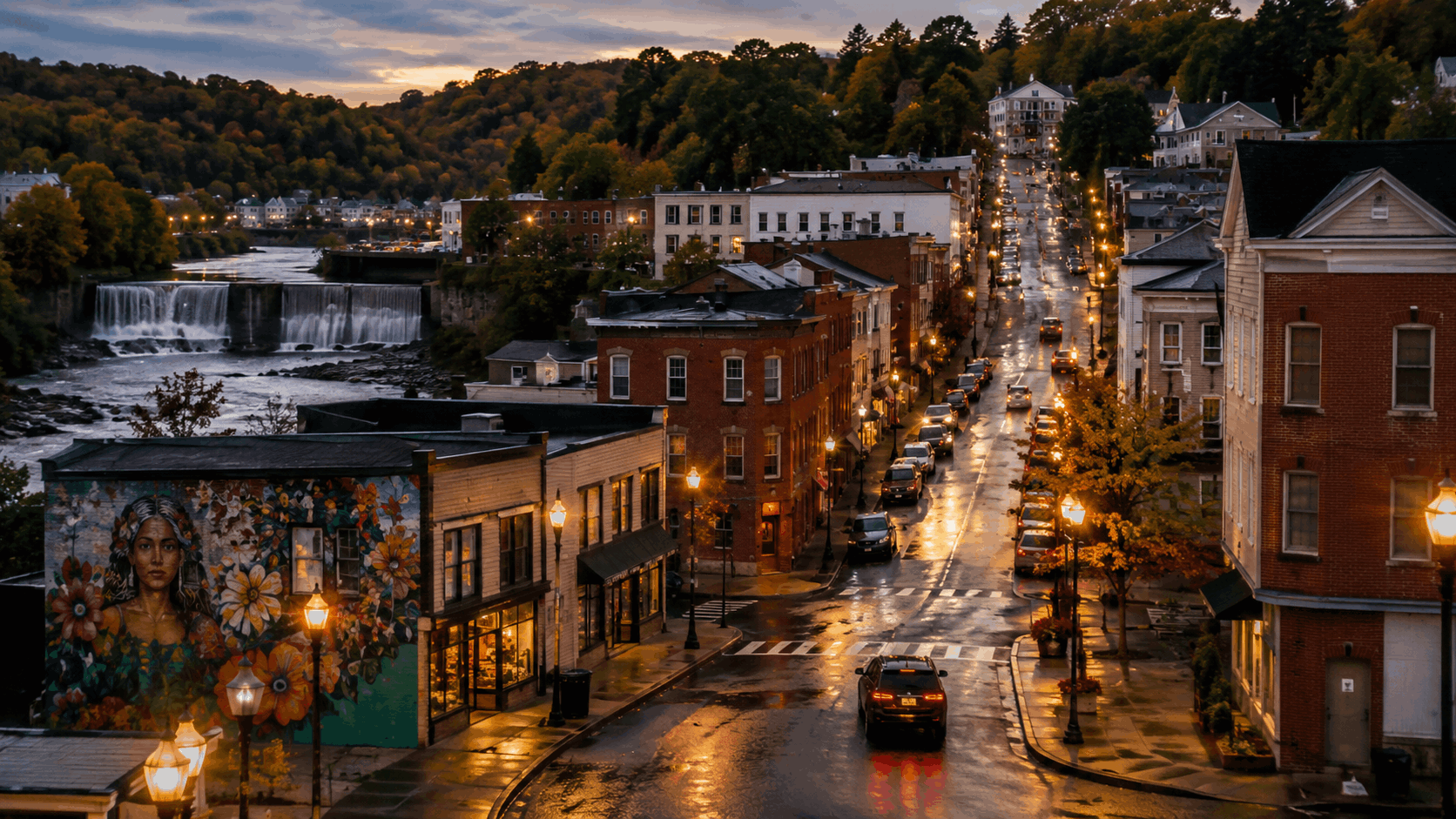 Boonton, New Jersey Main Street at dusk with historic storefronts, colorful murals, hillside homes, wet streets, and a nearby river waterfall.