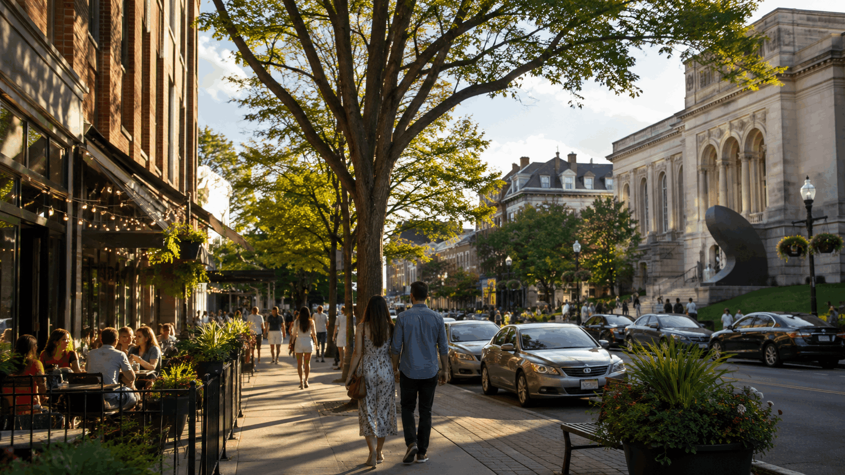 Downtown Montclair, New Jersey, featuring historic architecture, outdoor dining, local shops, mature trees, and pedestrians enjoying the vibrant streetscape.