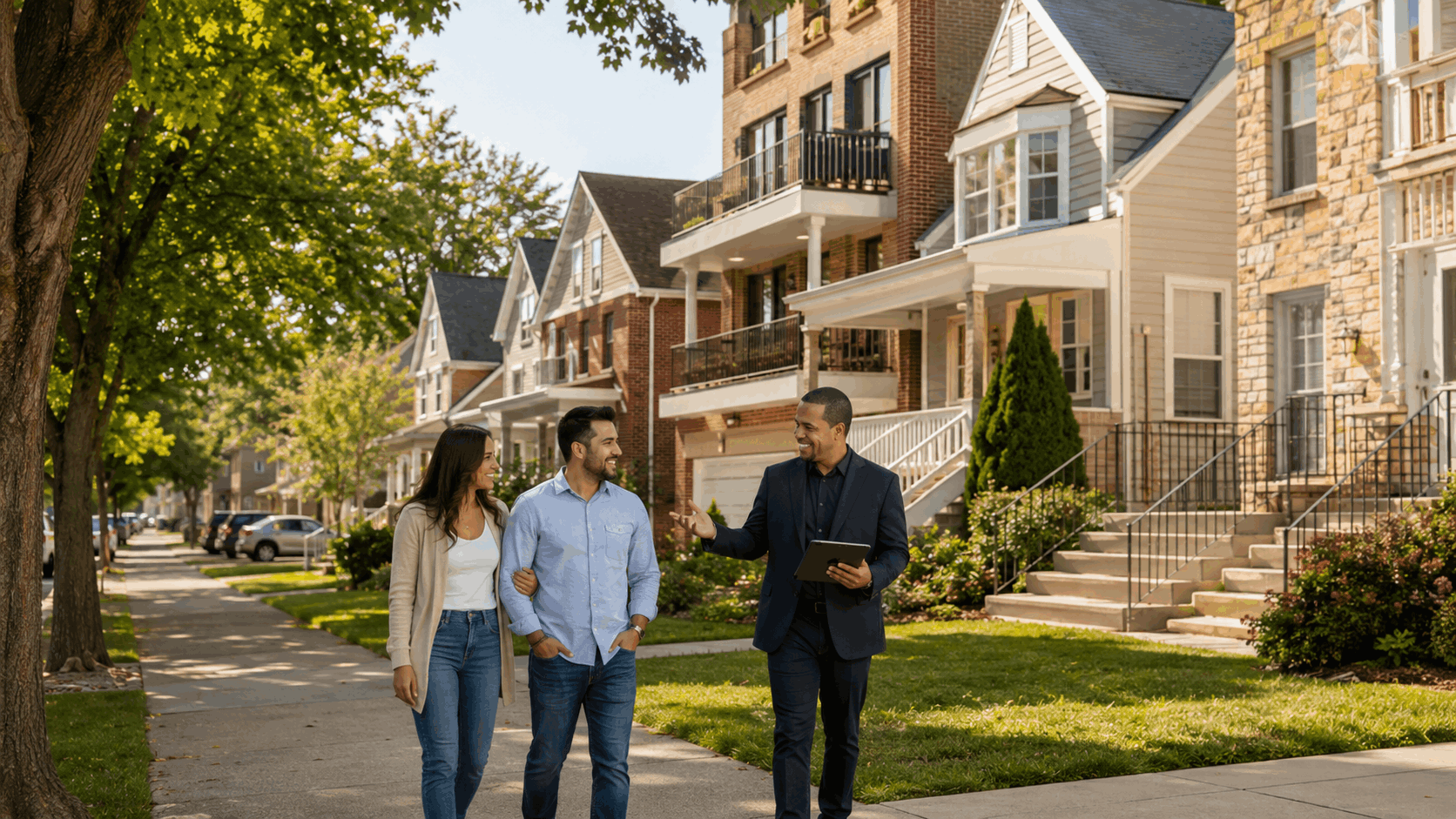 Clifton NJ real estate agent showing homebuyers a tree-lined neighborhood with Cape Cod, Colonial, multifamily, townhouse, and condo options.