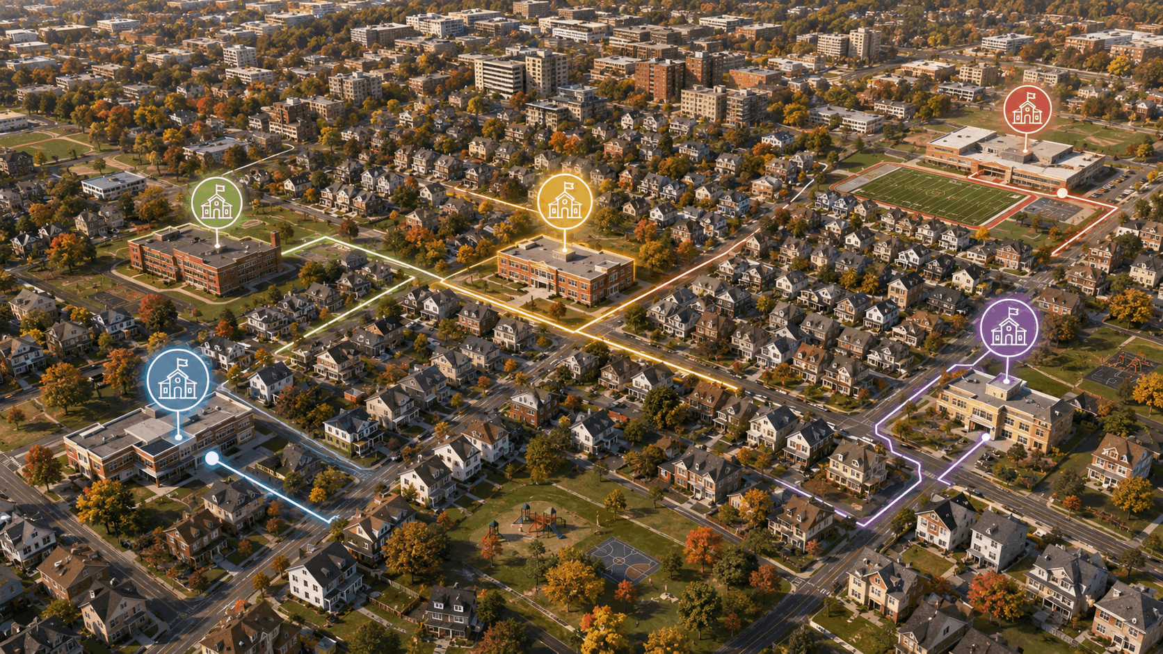 Aerial neighborhood map of Clifton, New Jersey, showing residential streets, diverse homes, parks, schools, and color-coded routes connecting neighborhoods to local elementary schools.