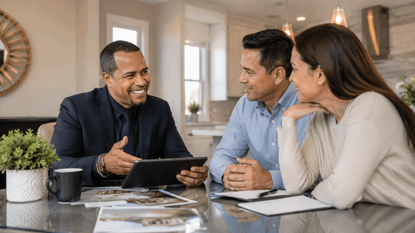 North Jersey real estate agent Johnny Rodriguez answering a buyer couple’s questions about home prices, schools, commuting, and property details during a consultation.