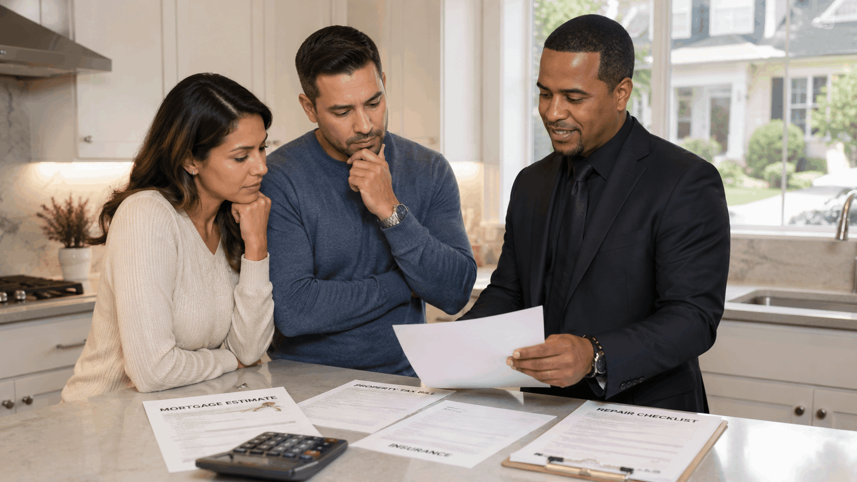 Concerned homebuyers review mortgage estimates, property taxes, insurance, and repair costs with a real estate agent in a modern Paramus, New Jersey kitchen.