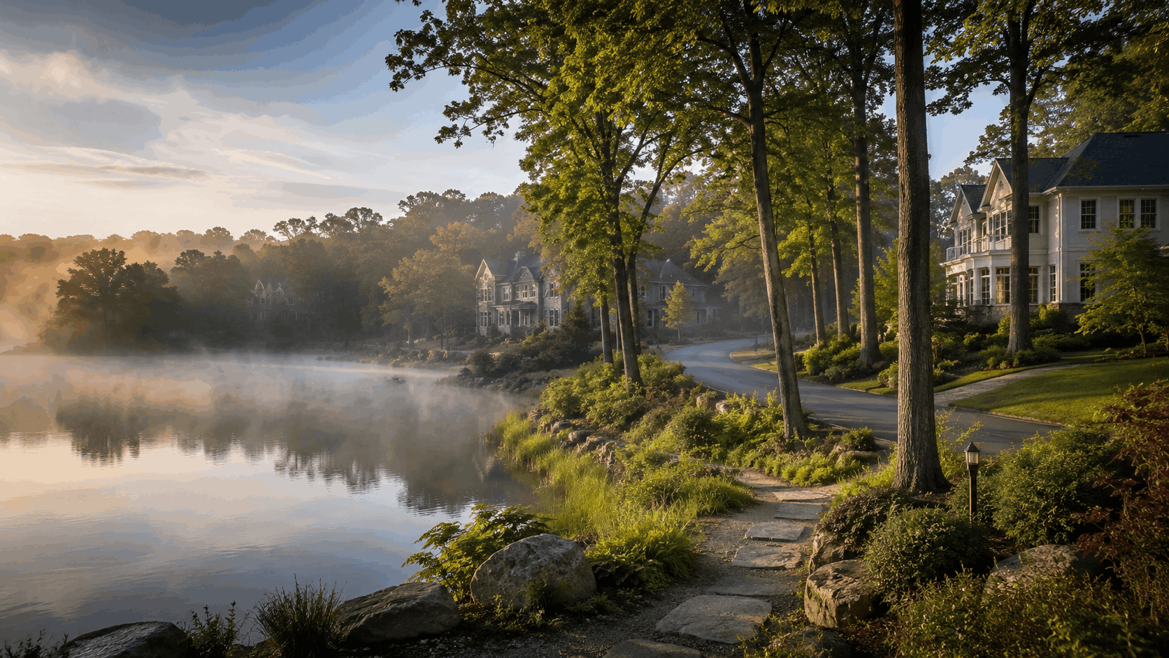 Scenic Franklin Lakes, NJ neighborhood with a misty lake, wooded walking trail, winding road, and luxury homes surrounded by mature trees.