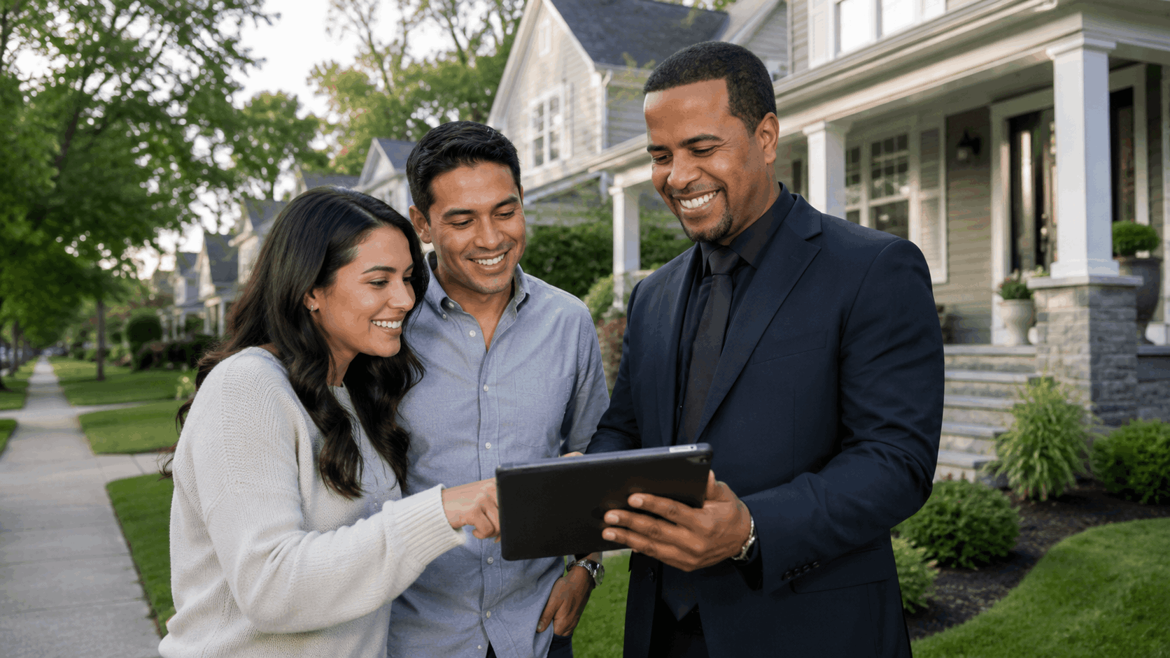 Johnny Rodriguez helps a North Jersey homebuying couple compare neighborhoods on a tablet outside a well-kept suburban home.