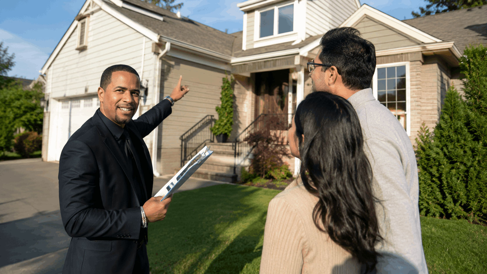 North Jersey real estate agent guiding homebuyers through an exterior inspection of a single-family home, reviewing the roof, driveway, foundation, and yard.