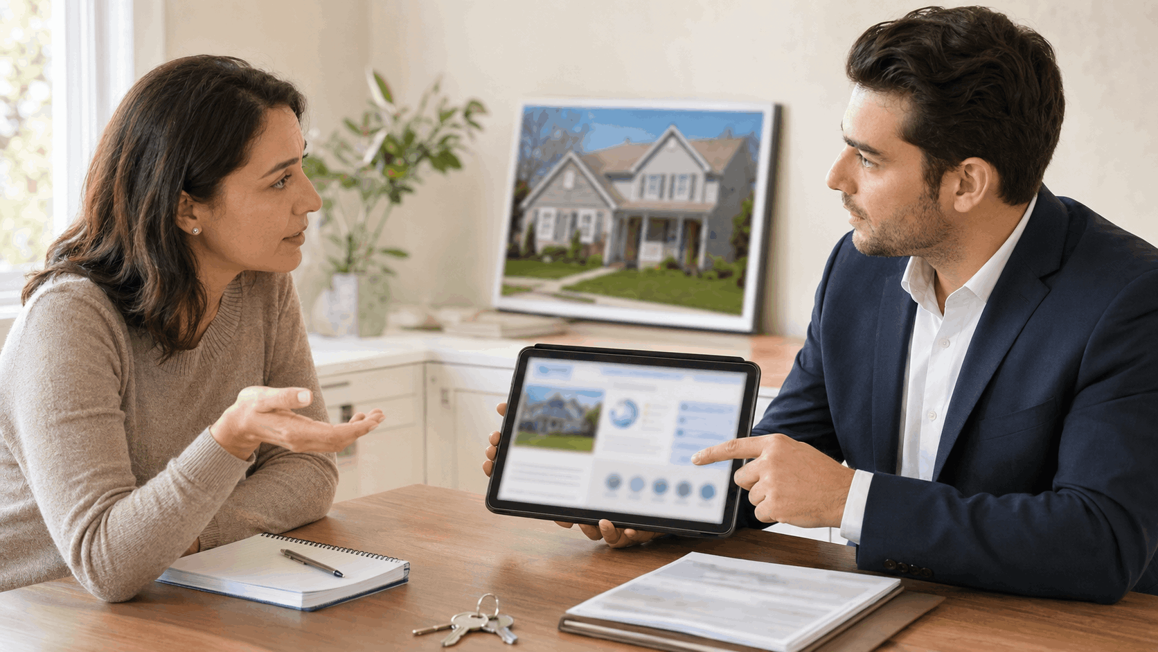 Homeowner asking questions as a real estate agent explains Essex County short sale options on a tablet.