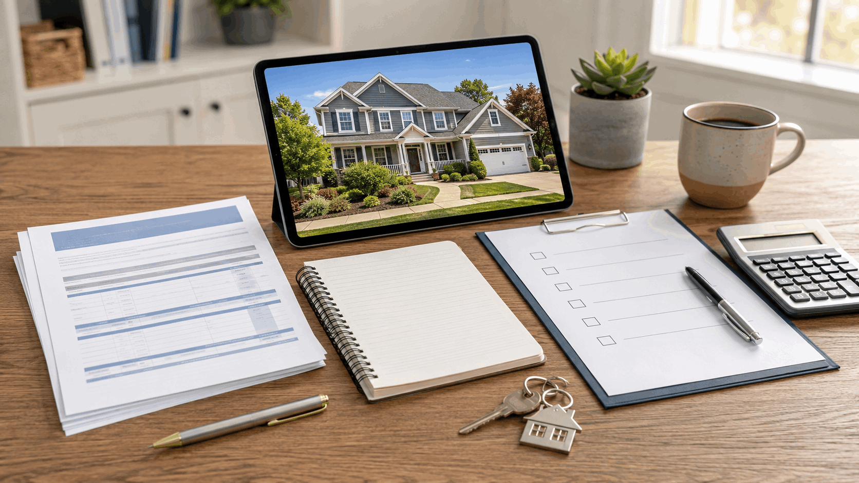 Essex County short sale planning desk with mortgage documents, house keys, calculator, checklist, and a home displayed on a tablet.