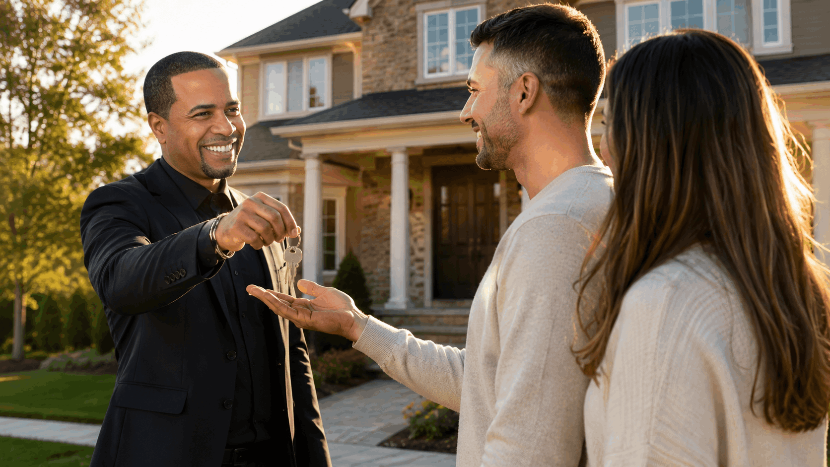 Johnny Rodriguez handing house keys to happy buyers outside a North Jersey suburban home at sunset.