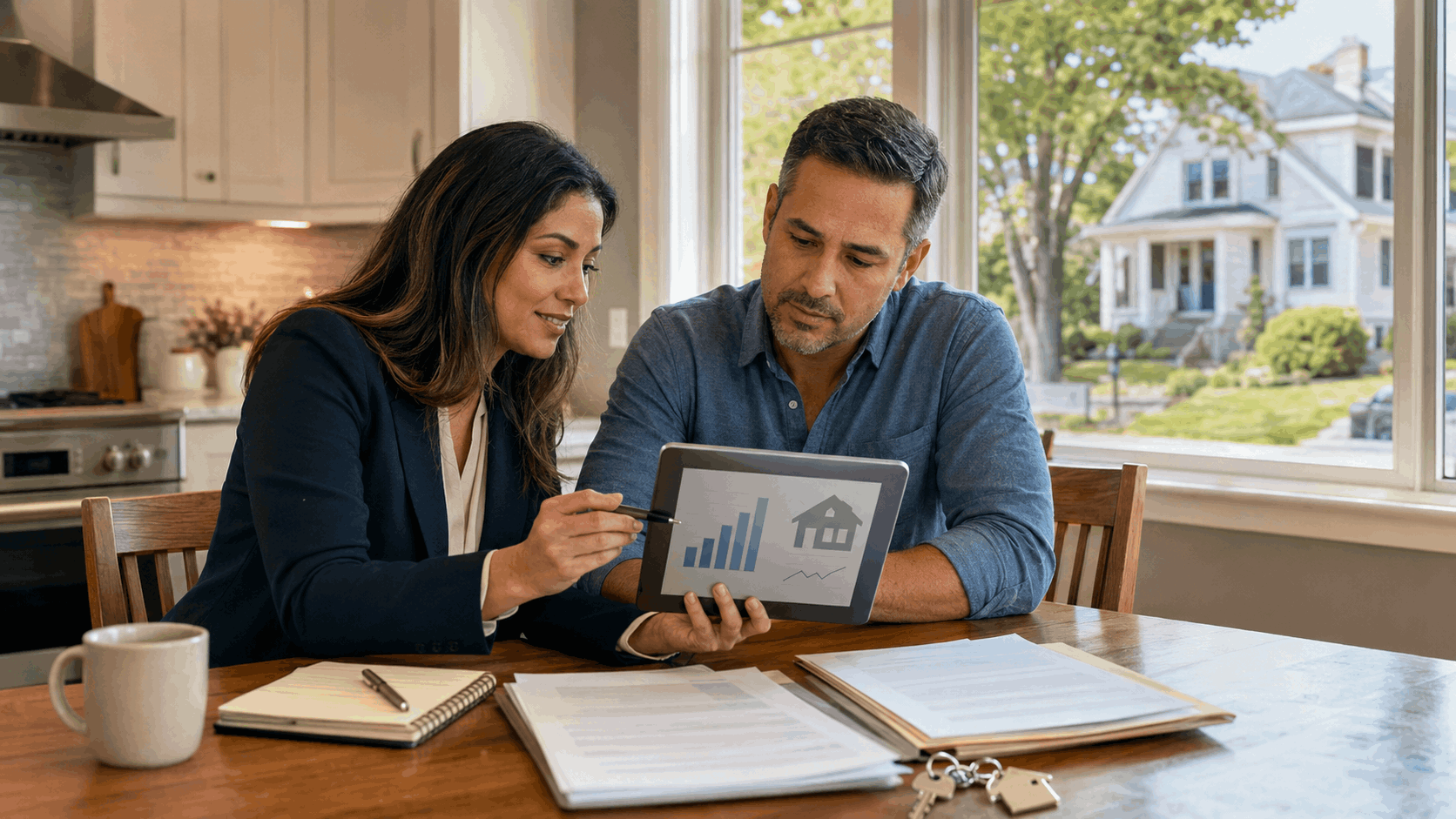 Essex County homeowner and real estate agent reviewing mortgage balance and home value on a tablet during a short sale consultation.