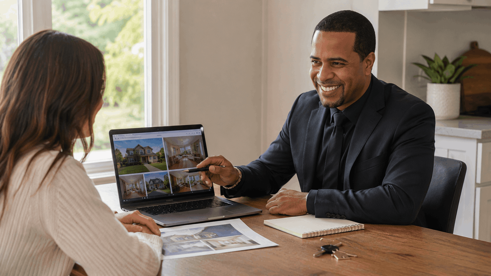 North Jersey real estate agent reviewing a home-selling marketing plan with a homeowner at a kitchen table.