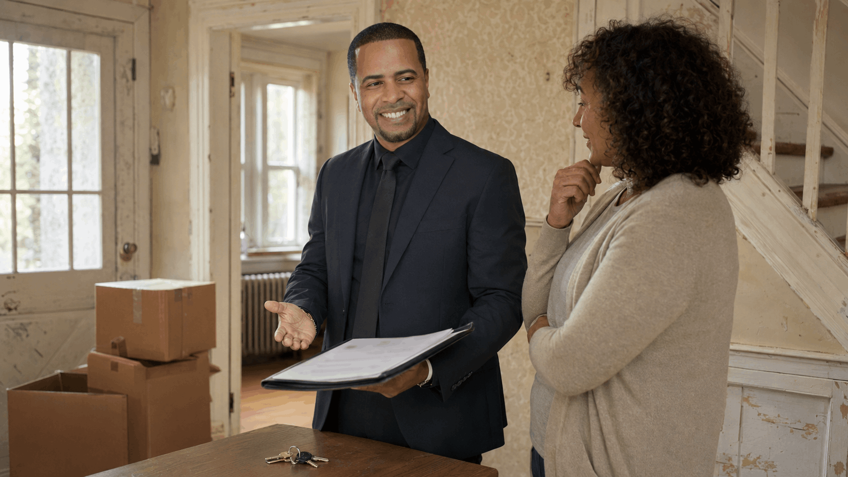 Realtor Johnny Rodriguez discussing an inherited Essex County home with repair needs during a probate consultation.