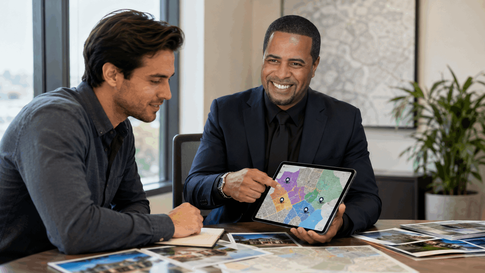 North Jersey real estate agent Johnny Rodriguez helps a buyer compare Clifton, Paterson, Wayne, North Haledon, and Bergen County on a tablet map.