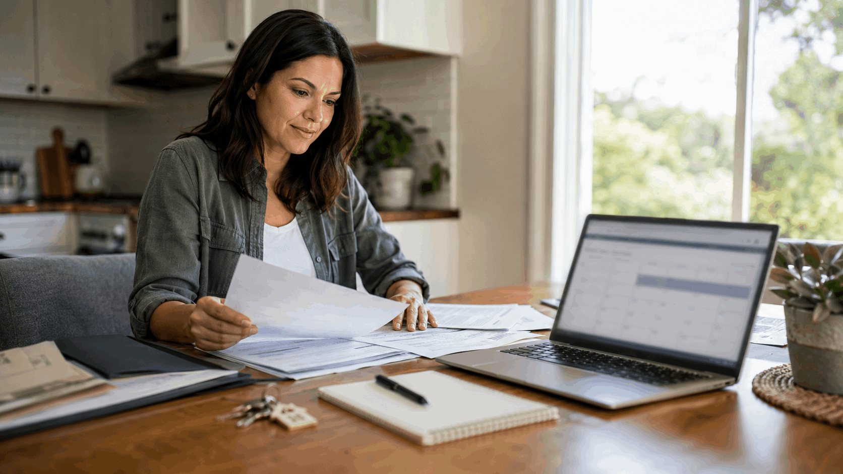 Homeowner organizing mortgage documents and scheduling a real estate consultation before foreclosure.