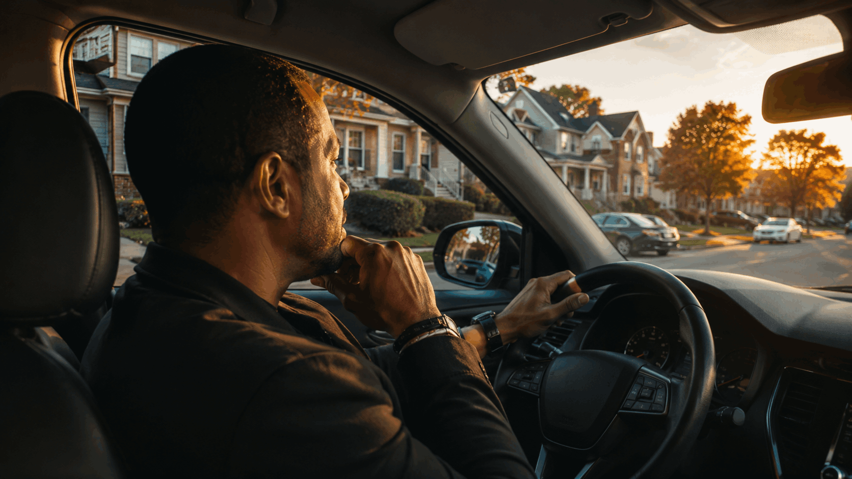 Thoughtful homebuyer driving through a quiet North Haledon, NJ neighborhood at sunset while exploring homes and local lifestyle.