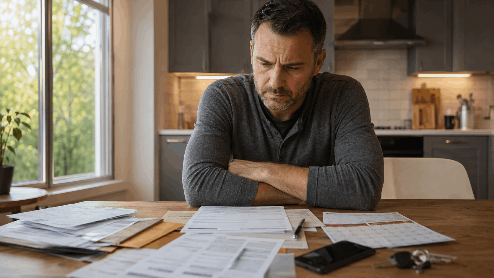 Concerned homeowner reviewing missed mortgage notices, lien paperwork, and calendar deadlines at a kitchen table.