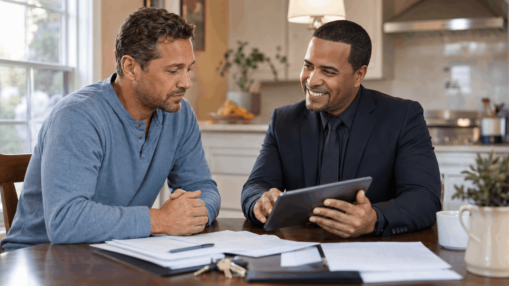 Serious homeowner reviewing foreclosure options with North Jersey Realtor Johnny Rodriguez at a kitchen table.