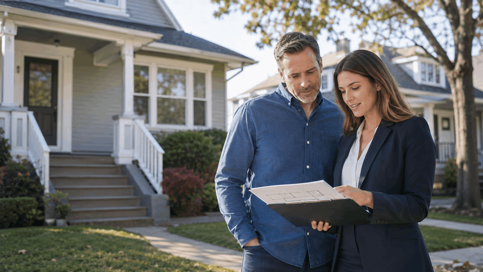 Essex County homeowner reviewing a property plan with a real estate agent outside a modest New Jersey home.