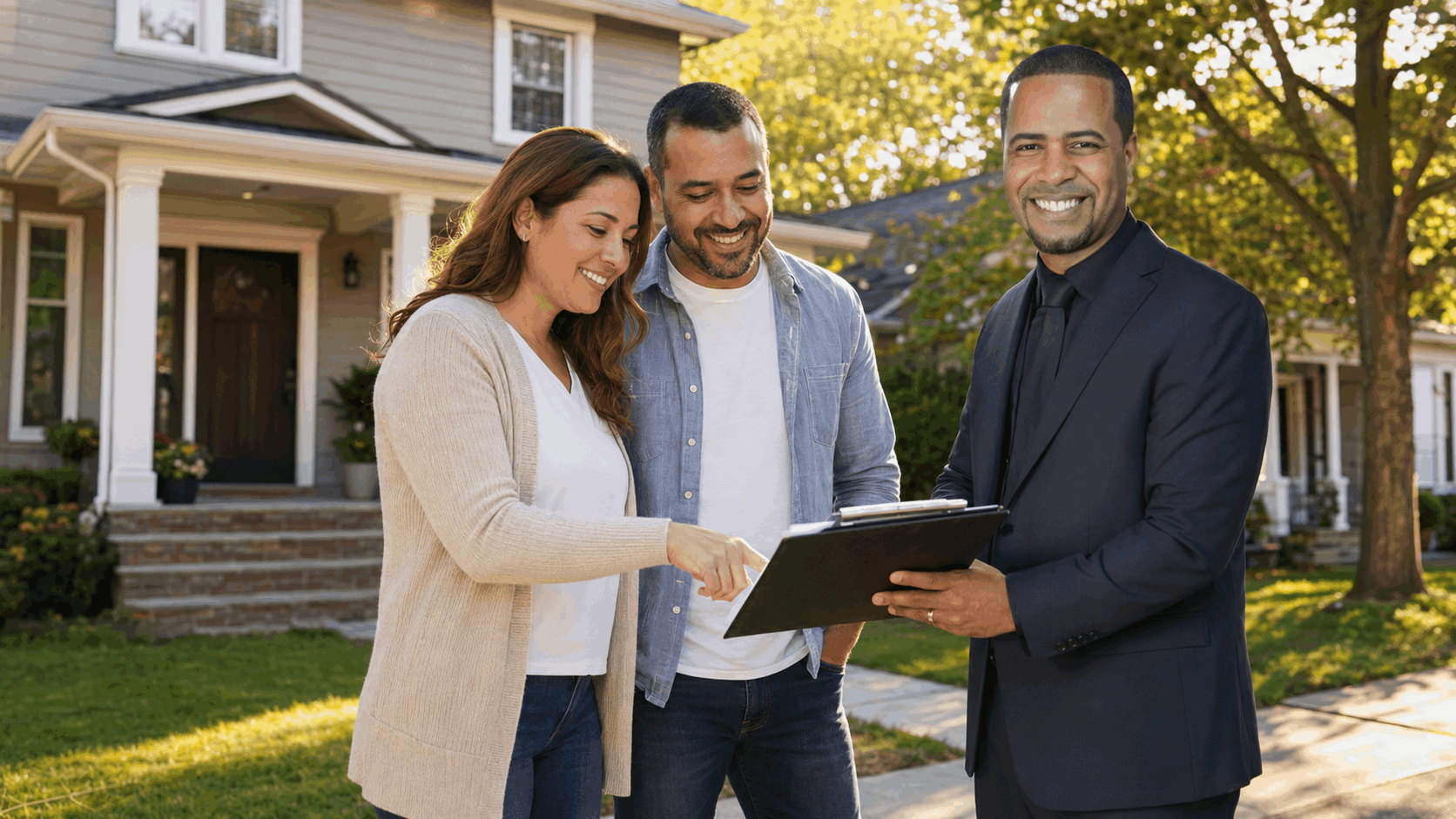 Hopeful Essex County homeowners reviewing a short sale plan with Realtor Johnny Rodriguez outside their home.