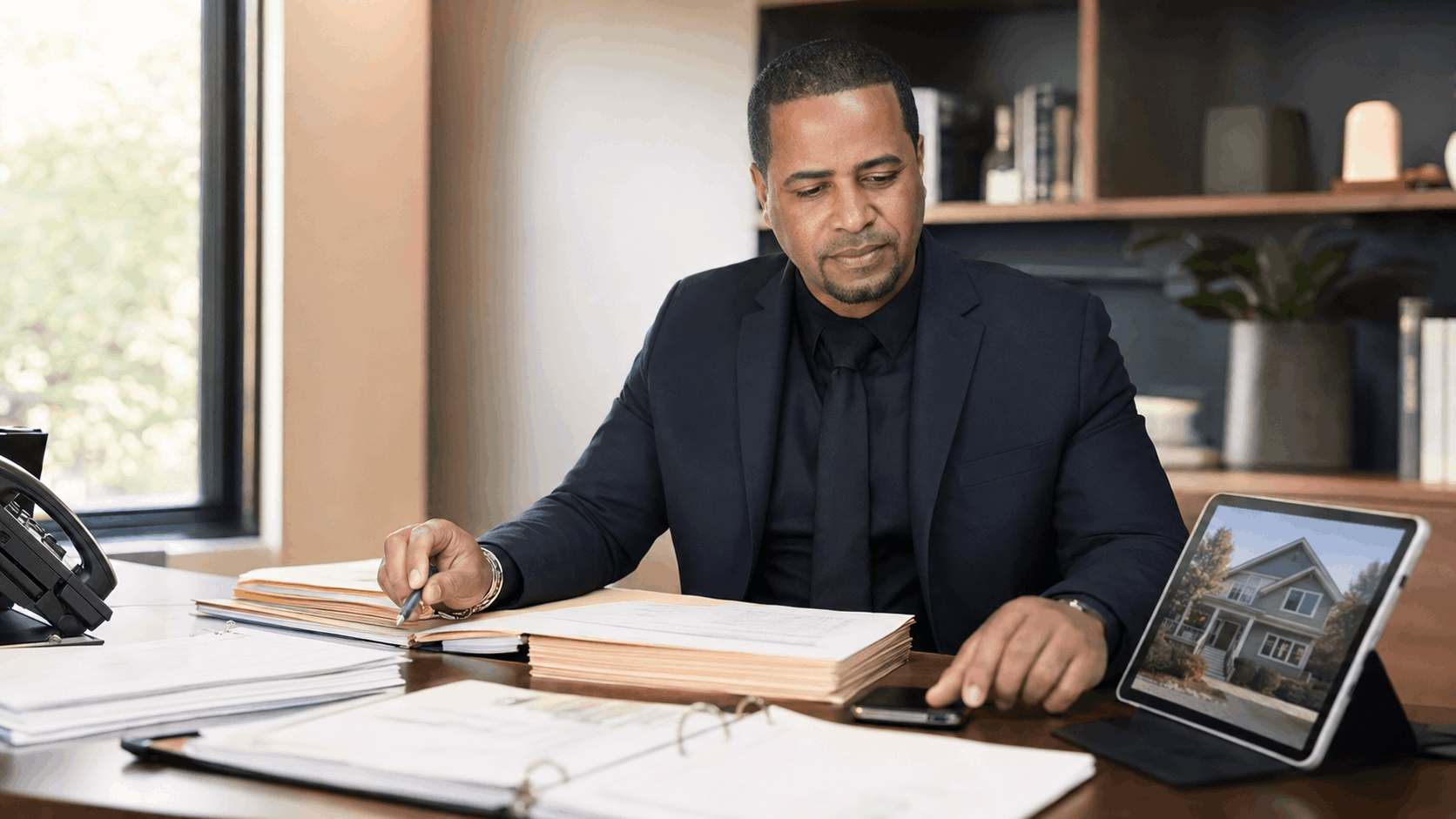North Jersey Realtor Johnny Rodriguez reviewing organized short sale documents with a tablet showing a home exterior.