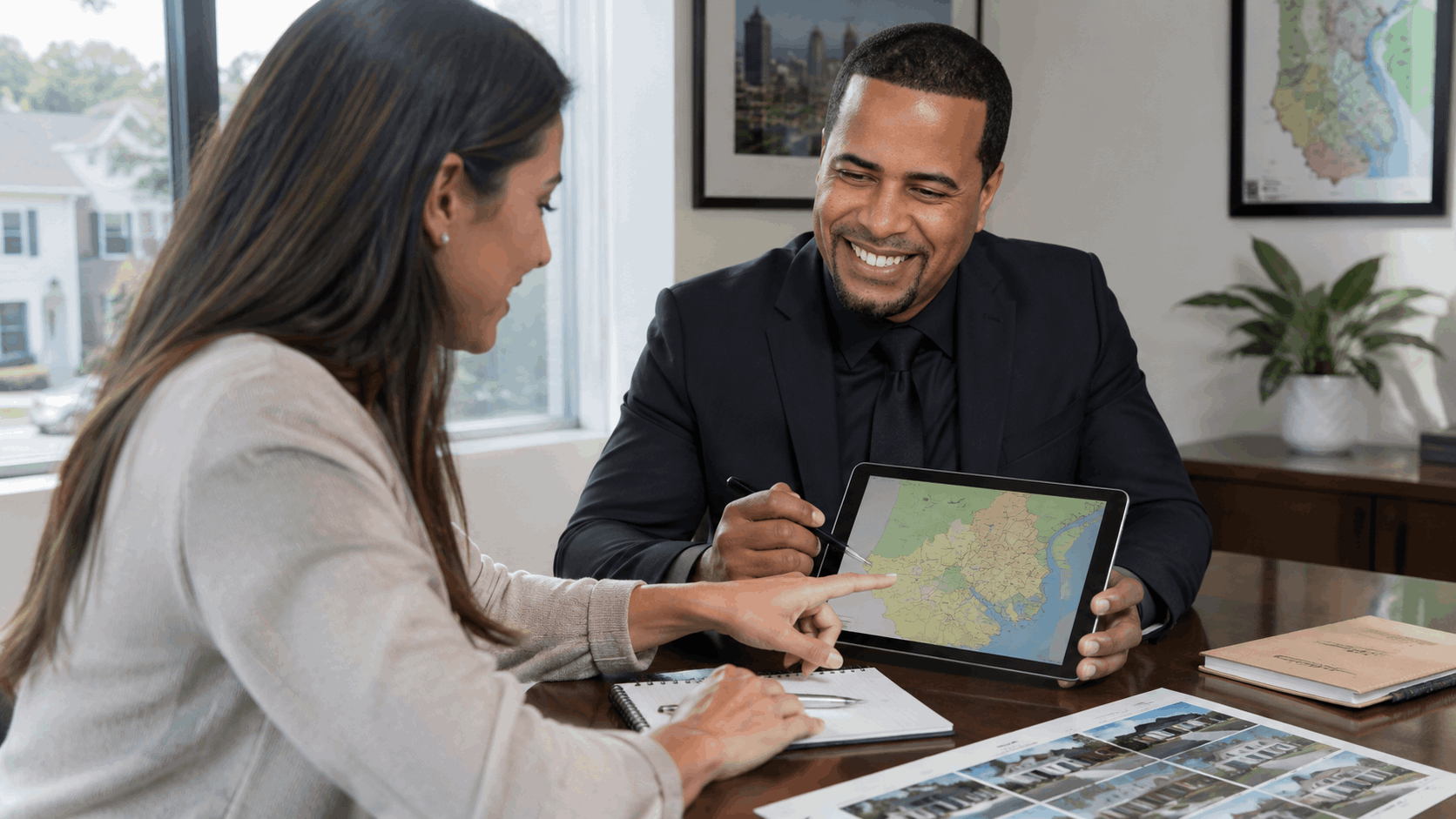 North Jersey real estate agent helping a homebuyer compare Clifton, Paterson, Wayne, North Haledon, and Bergen County communities on a tablet map.