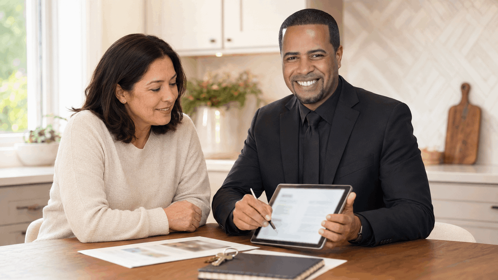 Latino North Jersey Realtor reviewing a home selling action plan with a homeowner at a kitchen table.