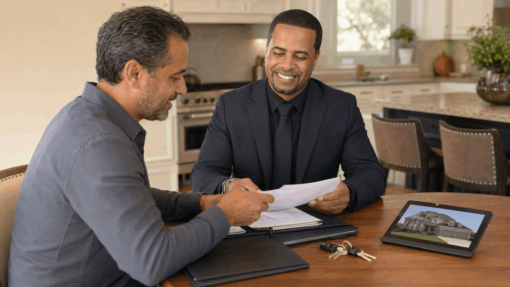 Johnny Rodriguez reviewing home-sale documents with a North Jersey homeowner during a kitchen-table consultation.