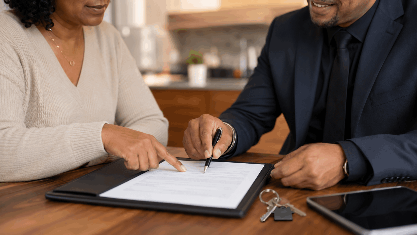 Homeowner and real estate professional reviewing a lender approval letter with house keys and documents.
