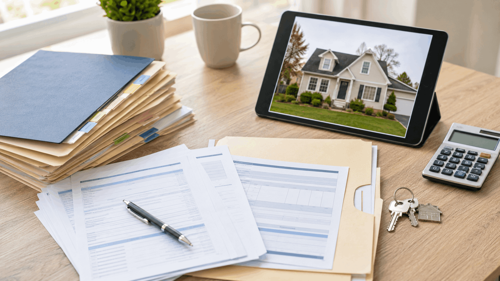 Organized homeowner checklist with mortgage papers, tax documents, keys, calculator, and North Jersey home photo.