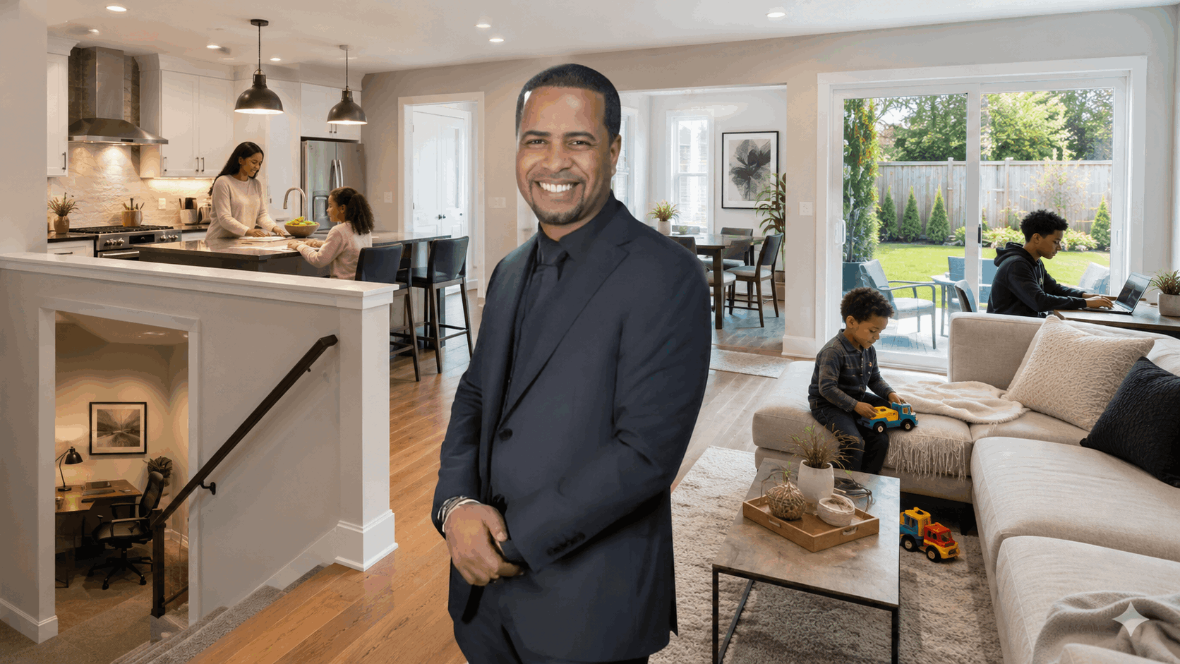 North Jersey real estate agent standing inside a bright open-concept home with a modern kitchen, finished basement, family living space, and backyard.