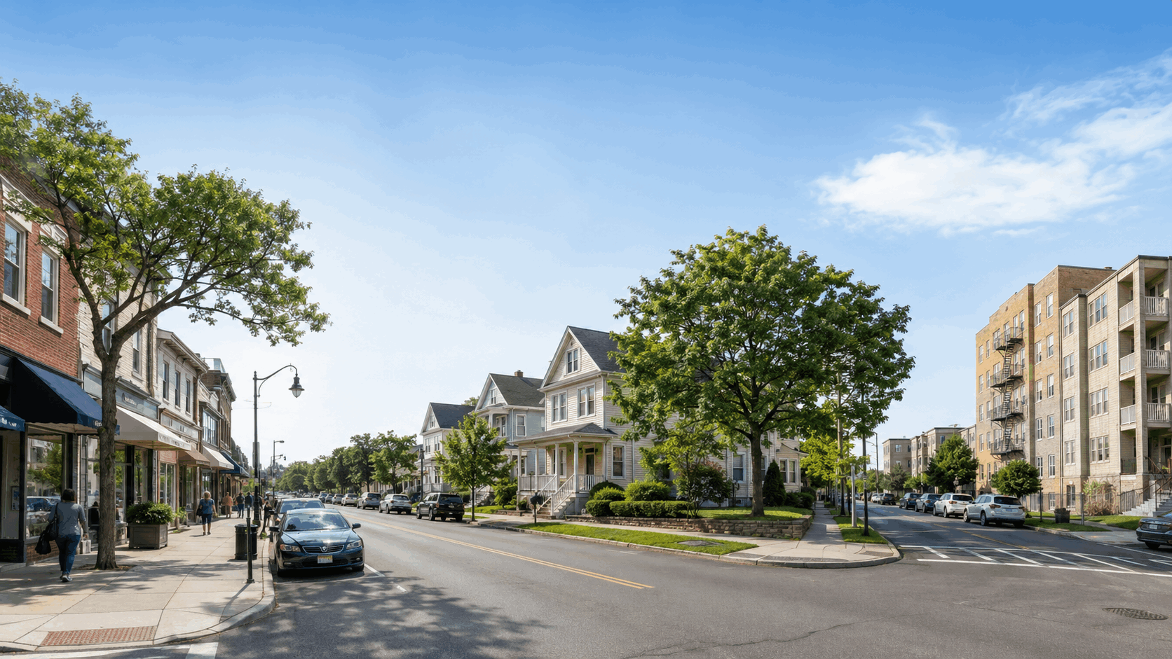 Clifton, NJ rental neighborhood scene with walkable local shops, multi-family homes, apartments, sidewalks, parking, and nearby North Jersey access.