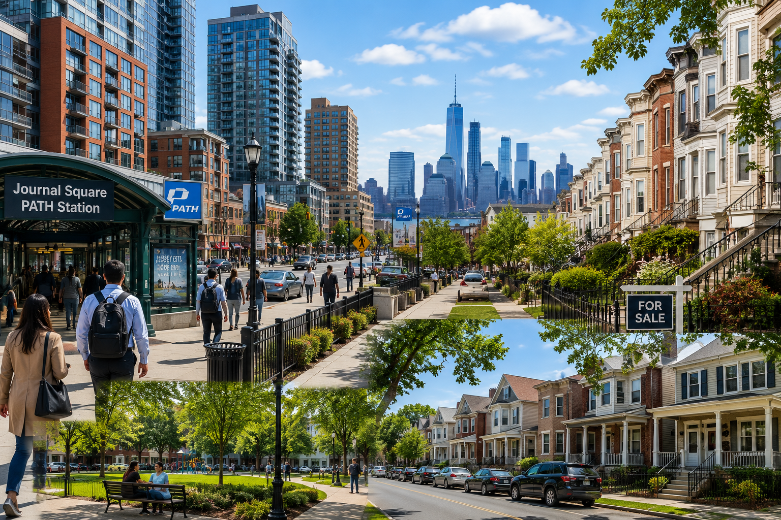 Jersey City neighborhoods near Journal Square PATH Station, featuring condo buildings, row homes, local streets, parks, and Manhattan skyline views for first-time homebuyers.