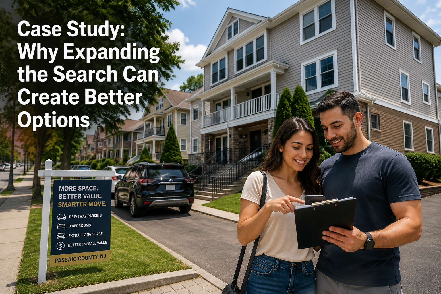 Couple reviewing rental options outside a spacious multi-family home with driveway parking in Passaic County, NJ, showing how expanding a Clifton rental search can create better value.