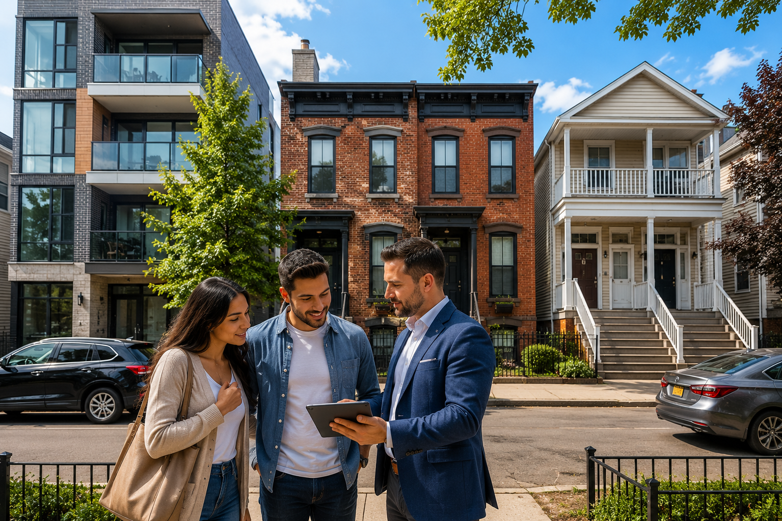 First-time buyers comparing a modern condo, brick townhome, and two-family home with a real estate agent in Jersey City, New Jersey.