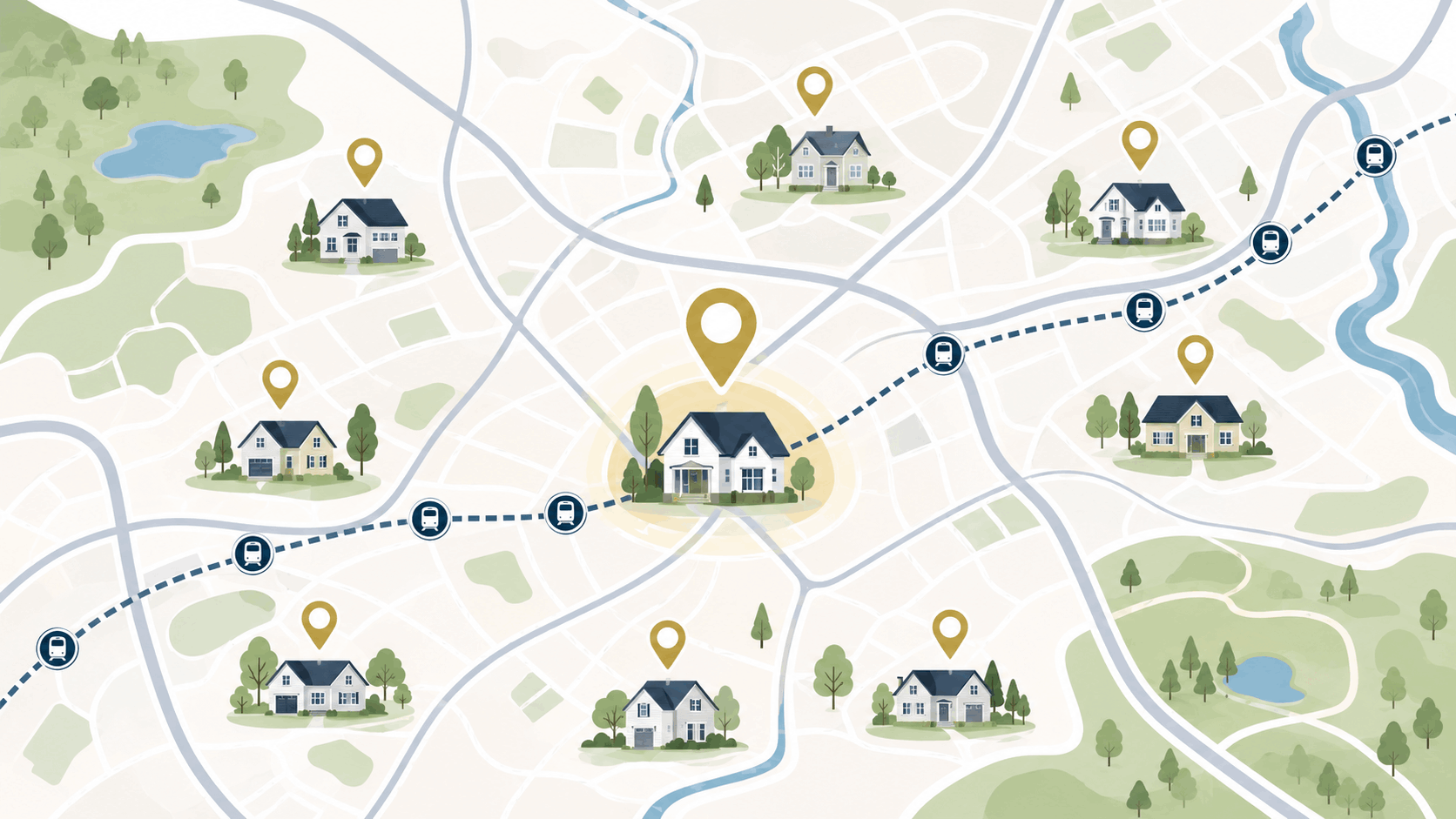 North Jersey real estate map concept showing homes, location pins, roads, parks, and a train line around Westfield NJ.