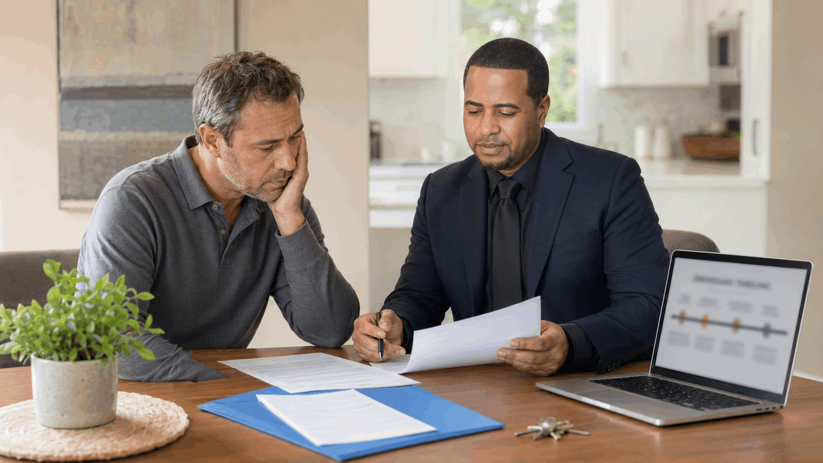 Worried landlord reviews mortgage and rental property documents with Johnny Rodriguez during a foreclosure options consultation.