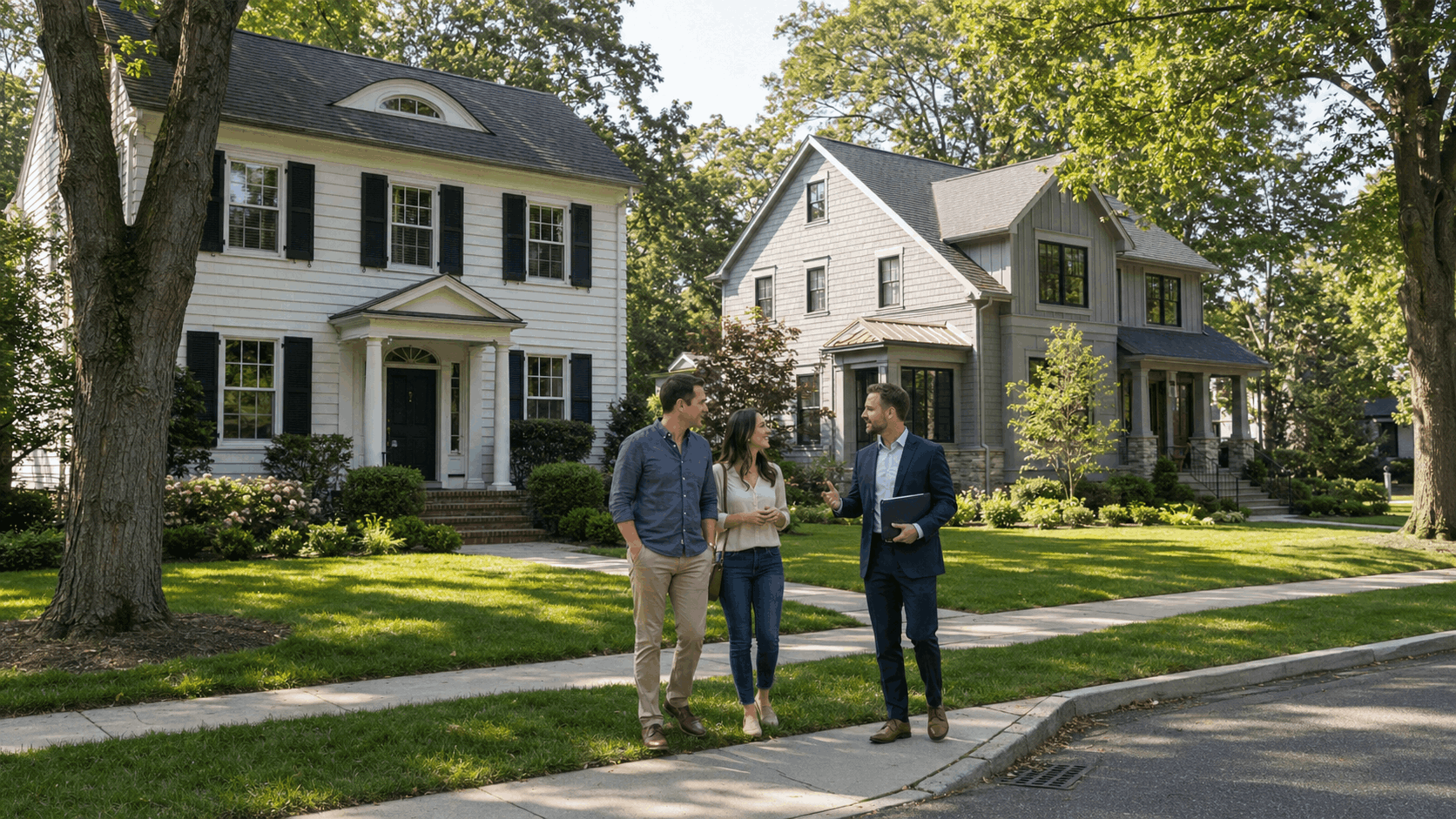 Buyer couple walking with a real estate agent past classic and renovated homes on a tree-lined Westfield NJ street.