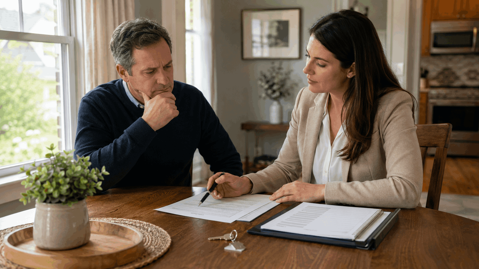 Concerned landlord reviews lease documents with a real estate professional before selling a tenant-occupied rental property.