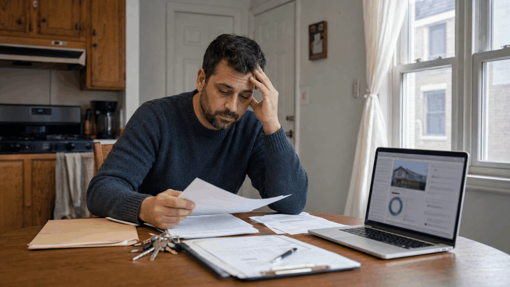 Stressed North Jersey landlord reviewing rental property repair invoices, lease documents, and expenses at a kitchen table.