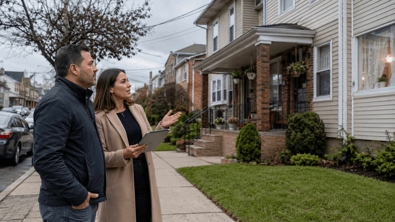 New Jersey landlord and realtor review selling options outside a tenant-occupied North Jersey rental property.