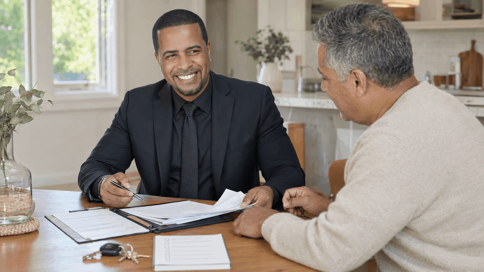 Johnny Rodriguez reviewing estate paperwork, house keys, and a next-step checklist with a homeowner at a North Jersey kitchen table.