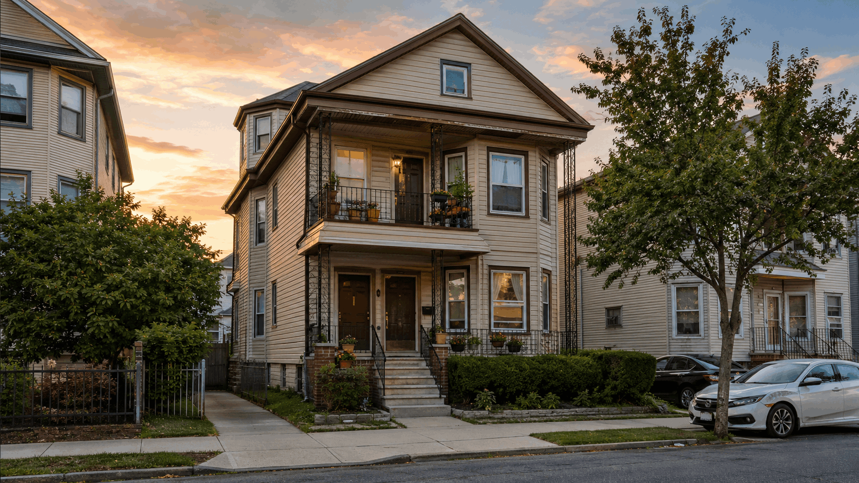 Classic North Jersey multifamily rental home with separate entrances, porch plants, curtains, and parked cars in golden evening light.