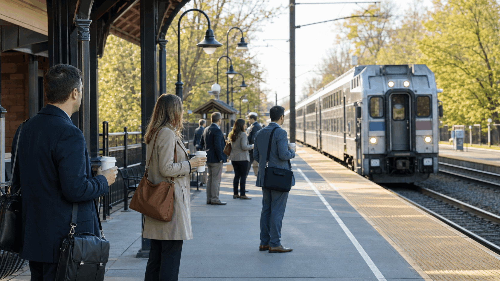 Commuters waiting with coffee and work bags as a train arrives at a clean suburban platform in Westfield NJ.