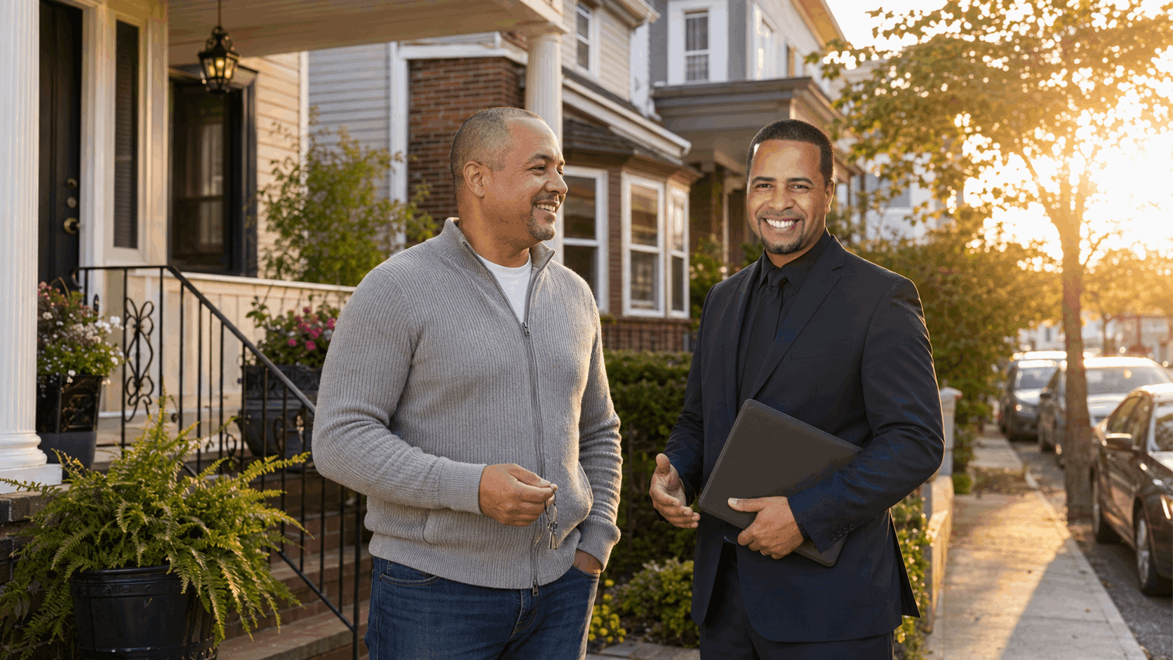 Johnny Rodriguez stands with a relieved landlord outside a North Jersey multifamily home after creating a clear selling plan.