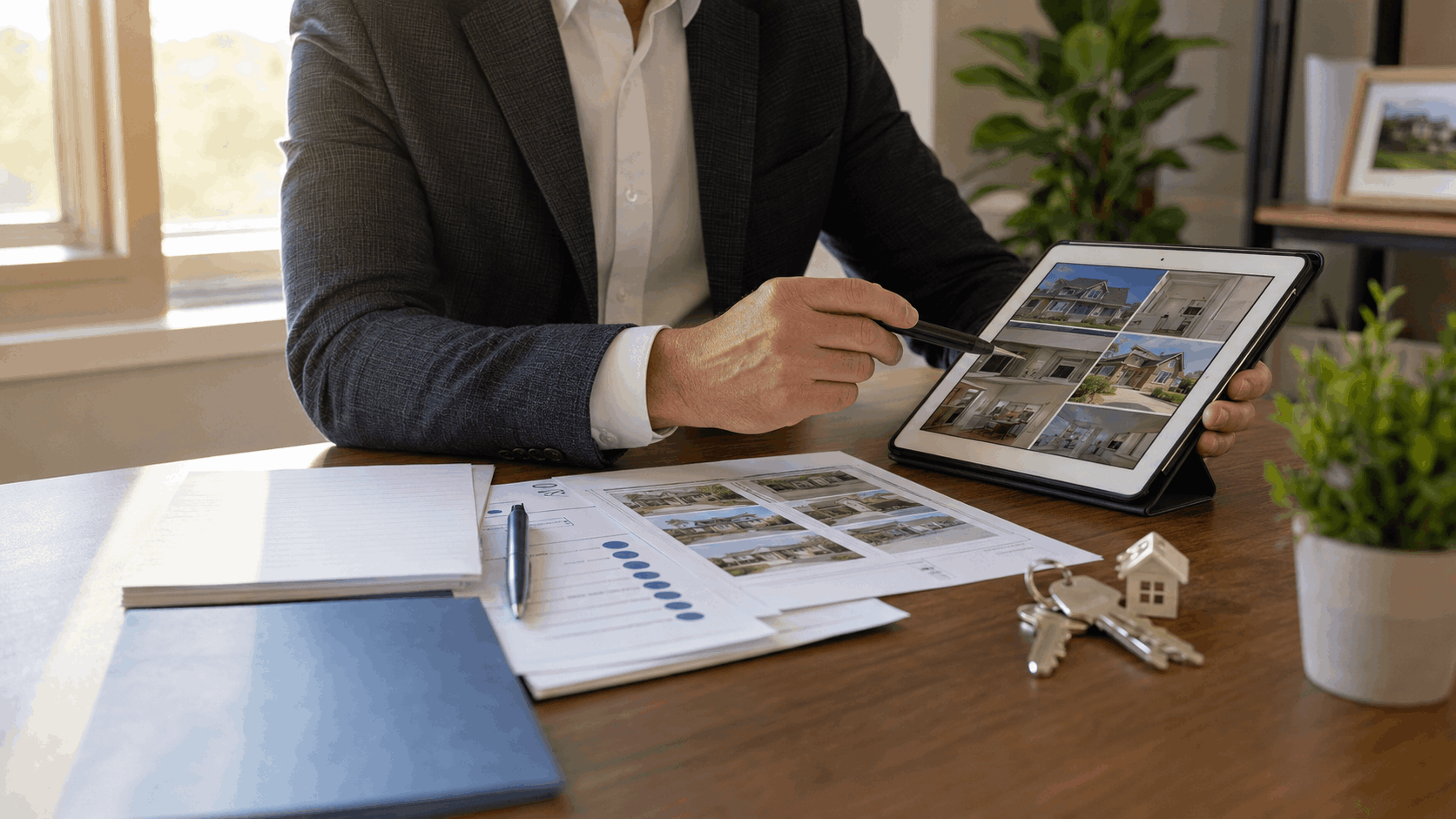 Experienced North Jersey Realtor reviewing comparable sales, offer notes, inspection checklist, and home photos during a strategy session.