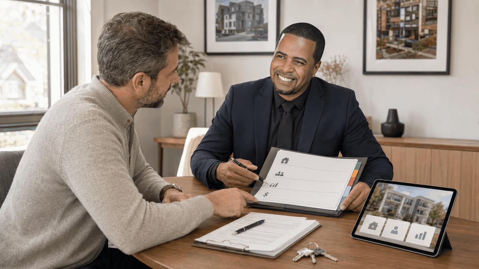 Johnny Rodriguez explains tenant-occupied rental property selling options to a North Jersey landlord during an office consultation.