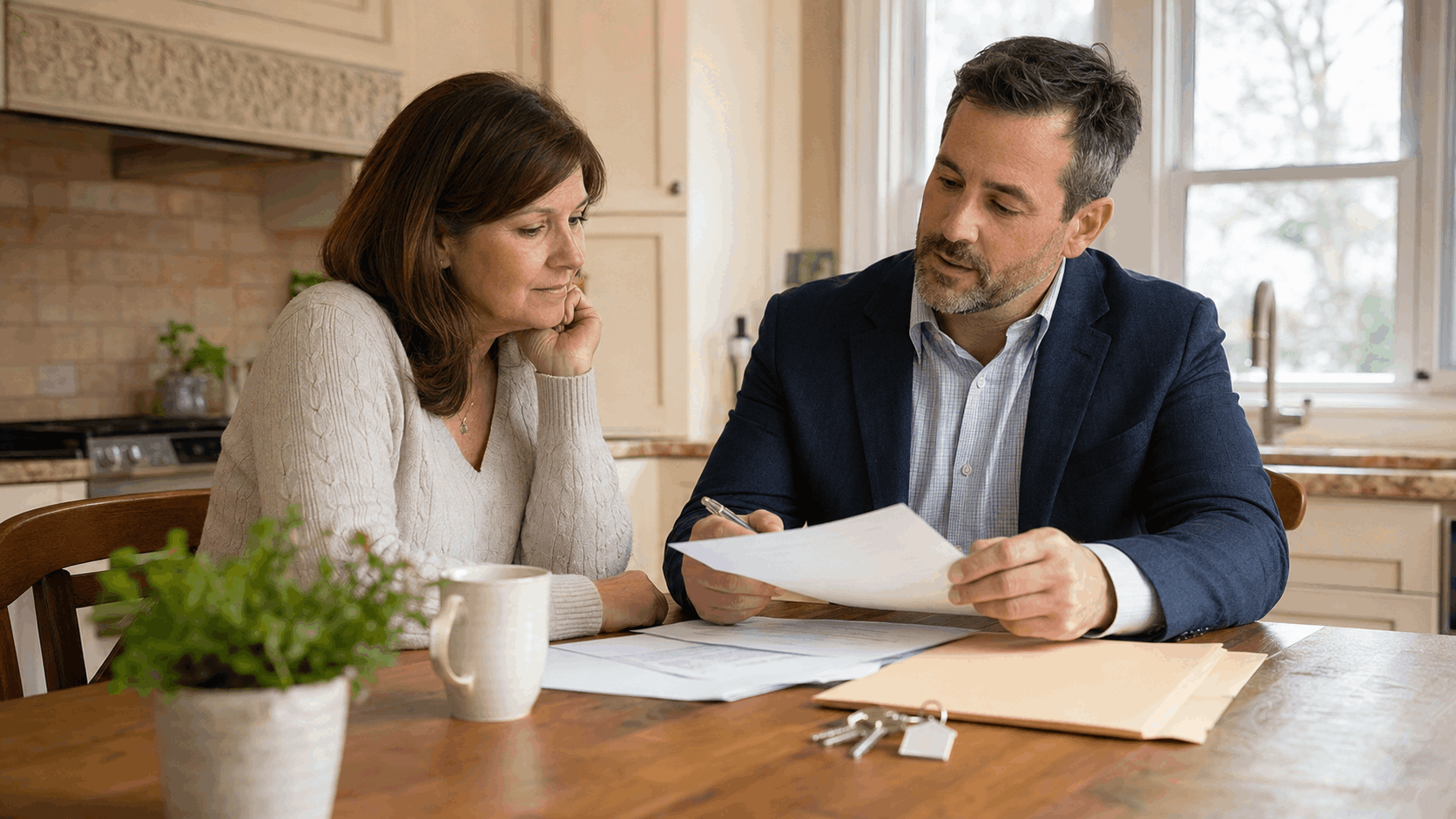 Adult family member reviews inherited property and probate documents with a real estate professional in a North Jersey home.