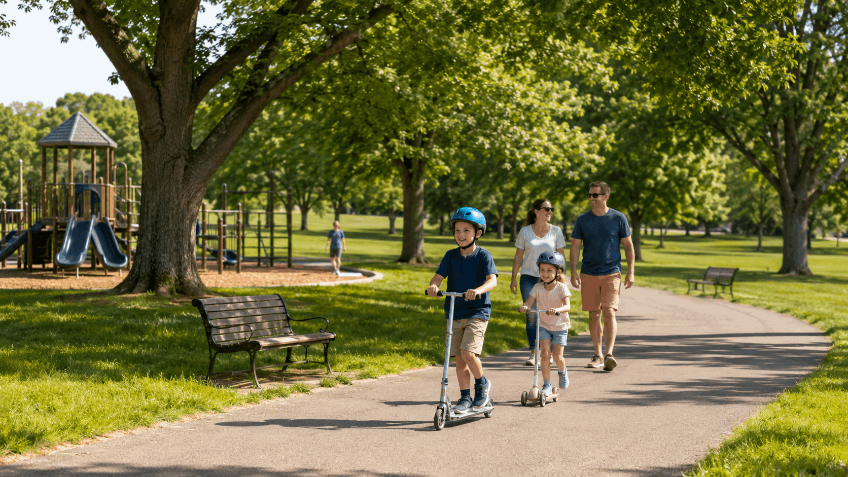 Family enjoying a sunny Westfield NJ park with walking paths, playground, green fields, mature trees, and children riding scooters.