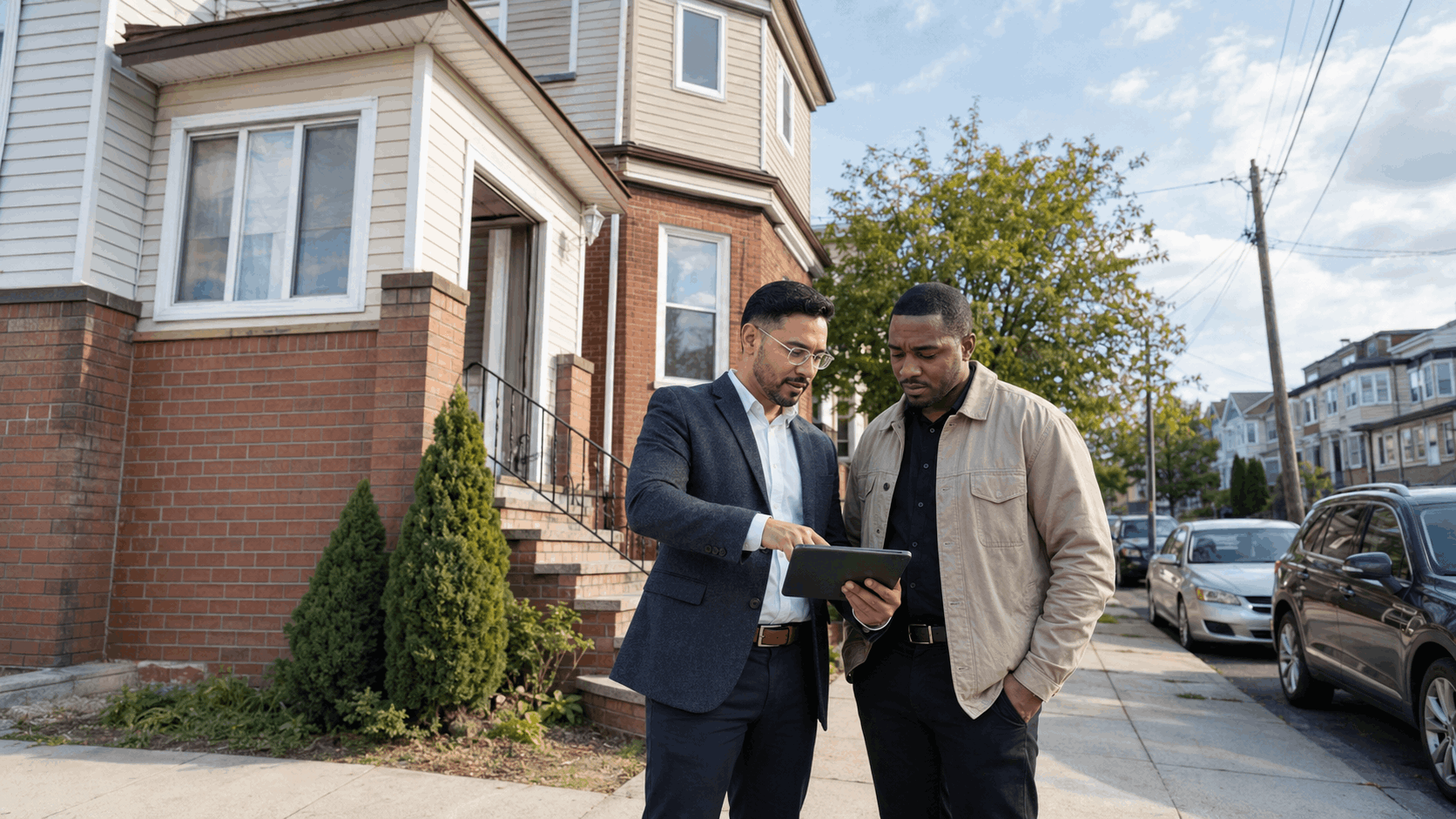 Investor buyer and local realtor review a North Jersey duplex property on a tablet during an afternoon showing.