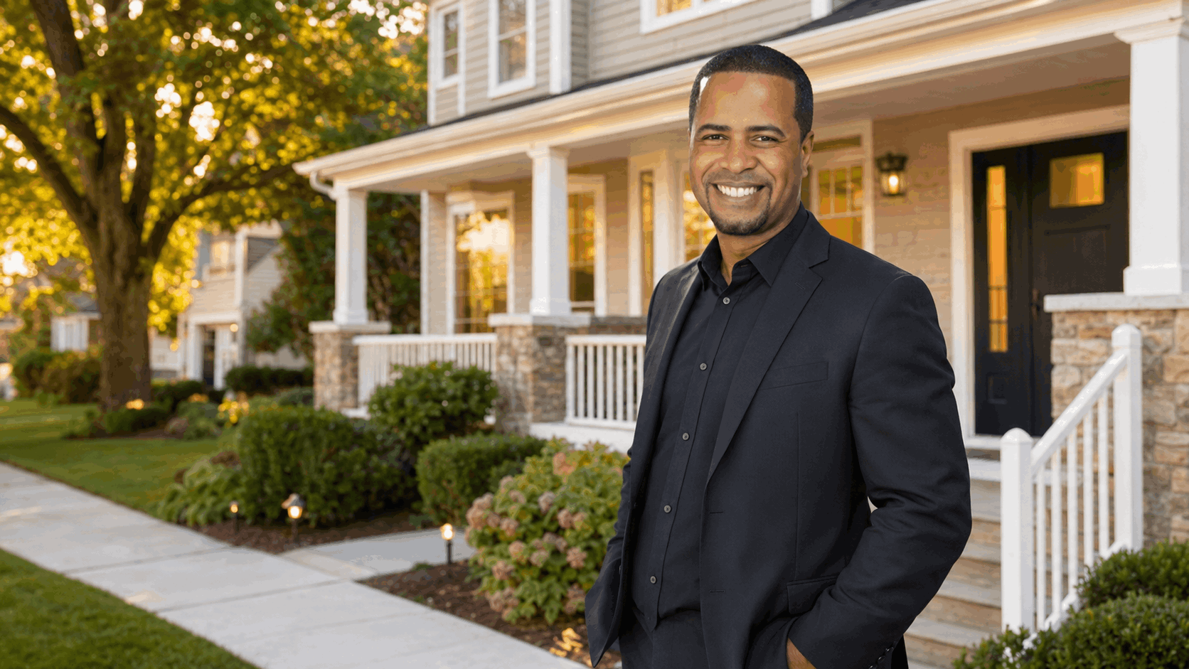 Johnny Rodriguez standing outside a beautiful North Jersey suburban home at golden hour with a welcoming front porch.