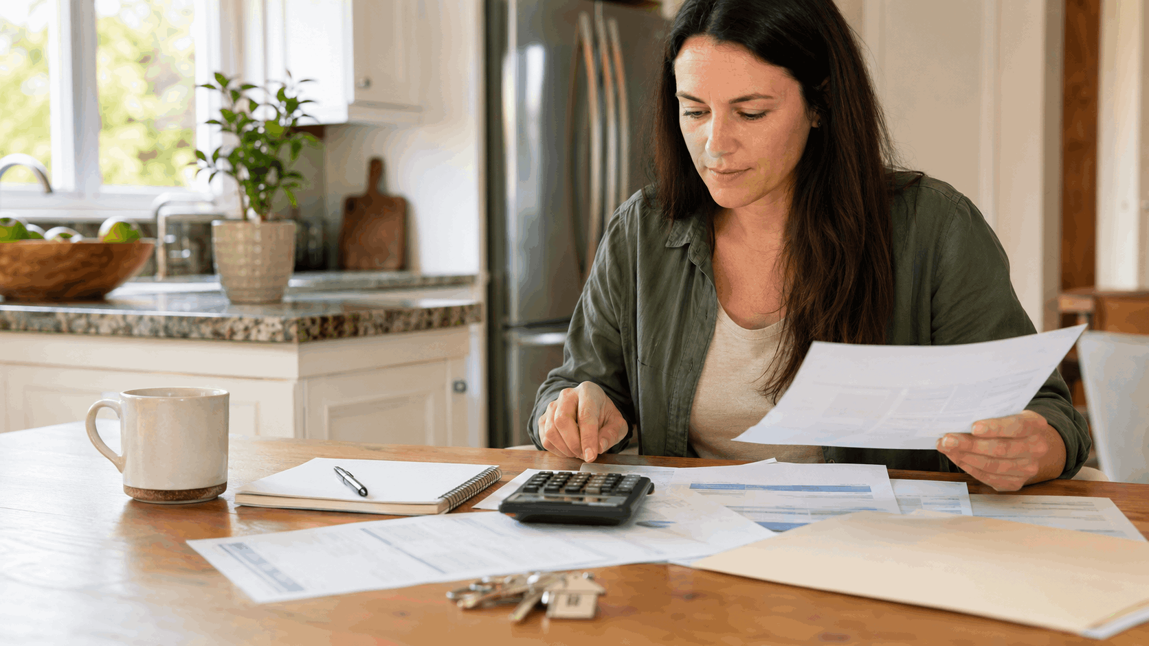 Homebuyer reviewing mortgage documents, property tax bill, calculator, budget notes, and house keys on a kitchen table.